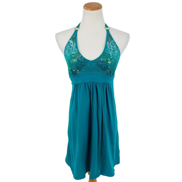 Vtg Victoria's Secret Y2K Halter Sequin Mini Dress • Coquette Club McBling Teal - Picture 14 of 16